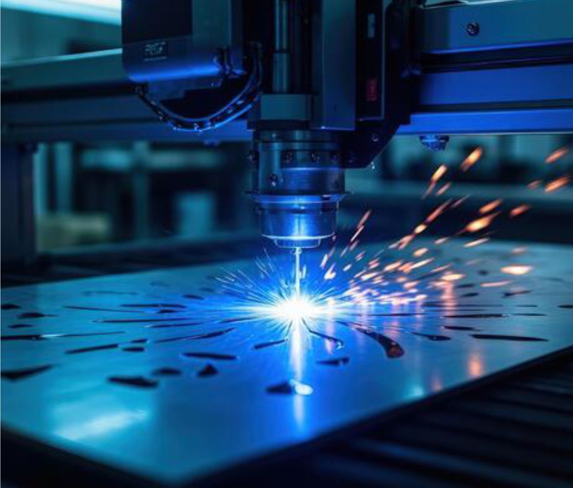 CNC laser cutting metal on a workshop production floor